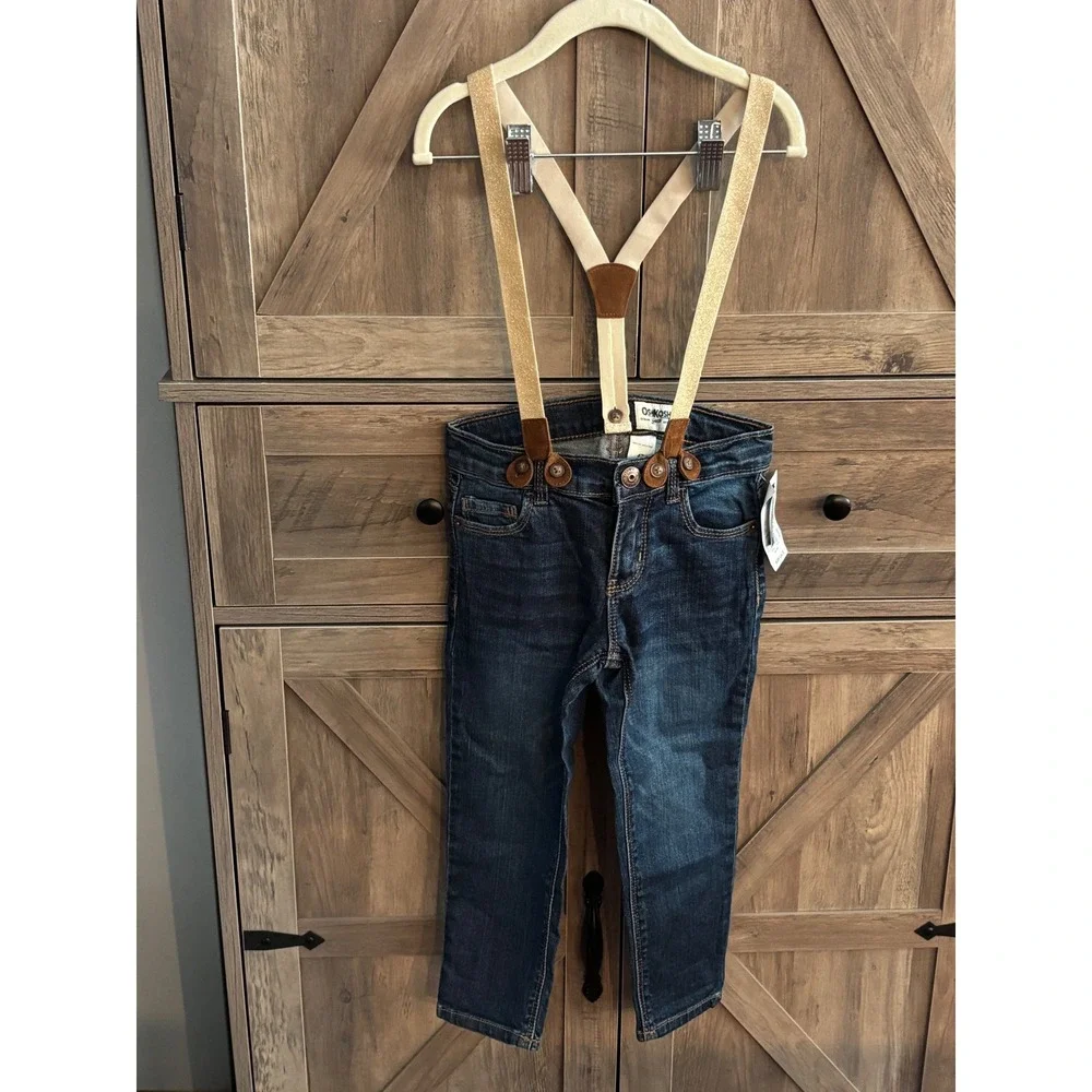 OshKosh Bgosh Kids 4T Skinny Jeans Dark Wash with Gold Glitter Suspenders NWT